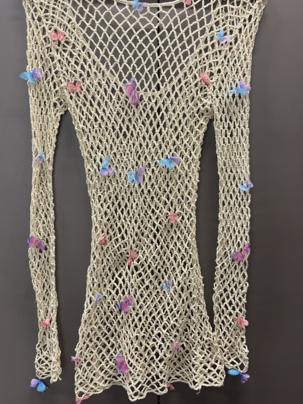 Fashion Nova Cream Open-Knit Off-the-Shoulder Cover-Up Dress With Butterflies